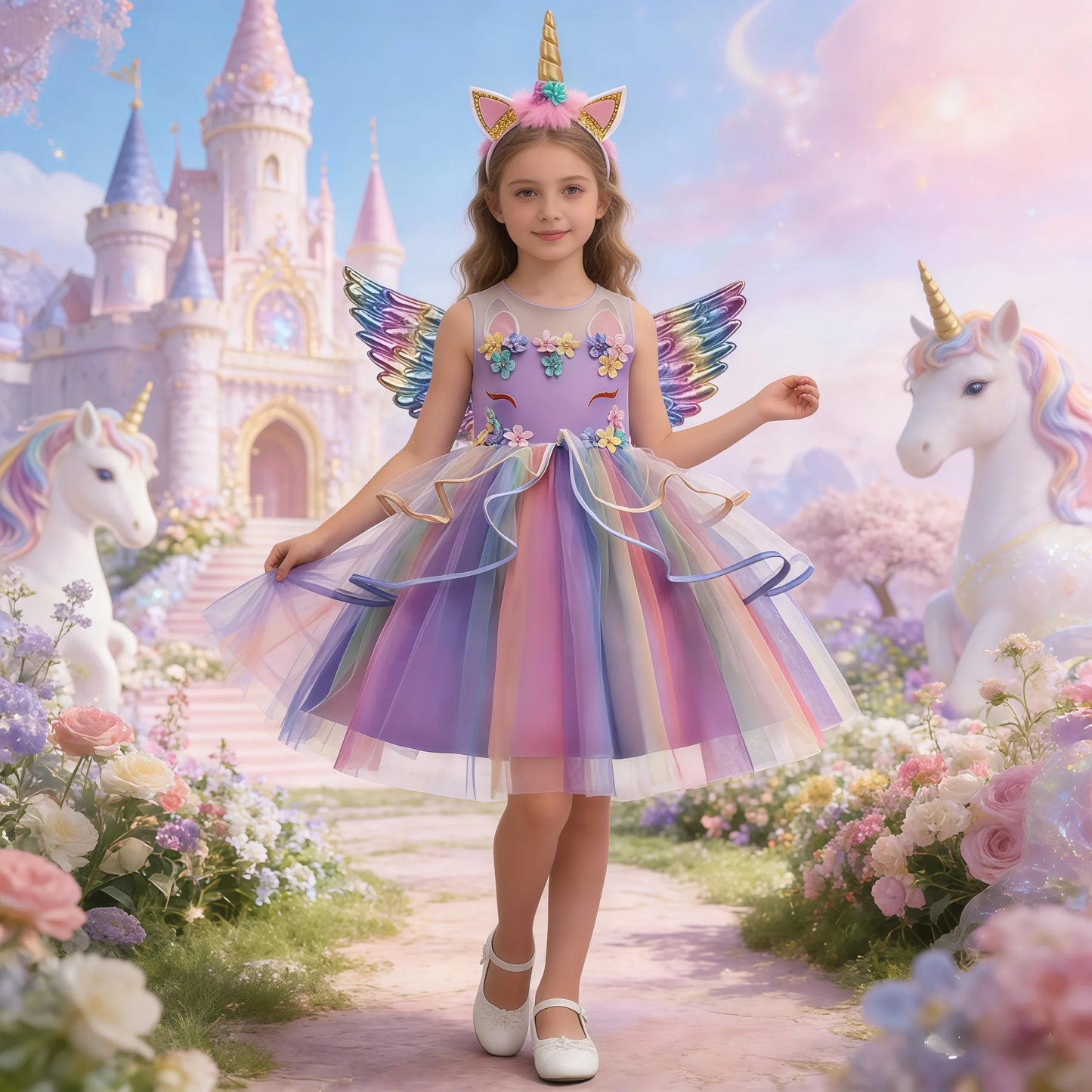 Dreamy Girl Embroidery Sleeveless Unicorn Mesh Princess Dress With Hair Hoop Wing For Kids Party Performance Birthday Gift 2-10T