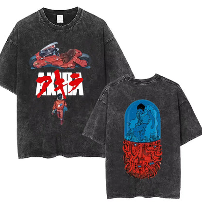 Washed Vintage Anime Akira T Shirts Japanese Science Fiction Cartoon Movie Shotaro Kaneda T-shirt Men's Manga Oversized T-shirts