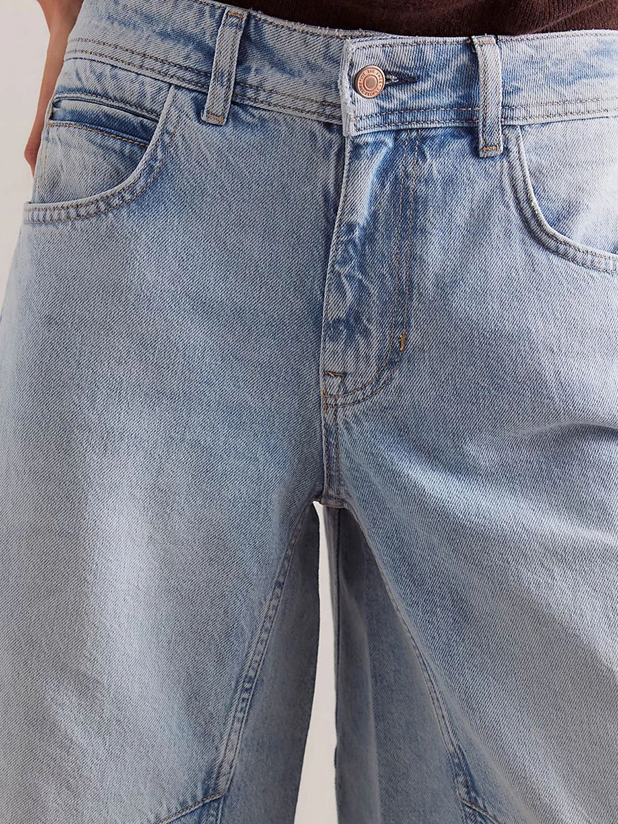 New Womens Knee Length Denim Shorts Solid Color Low Waist Wide Leg Jean Shorts For Summer Club Street Style S-2XL