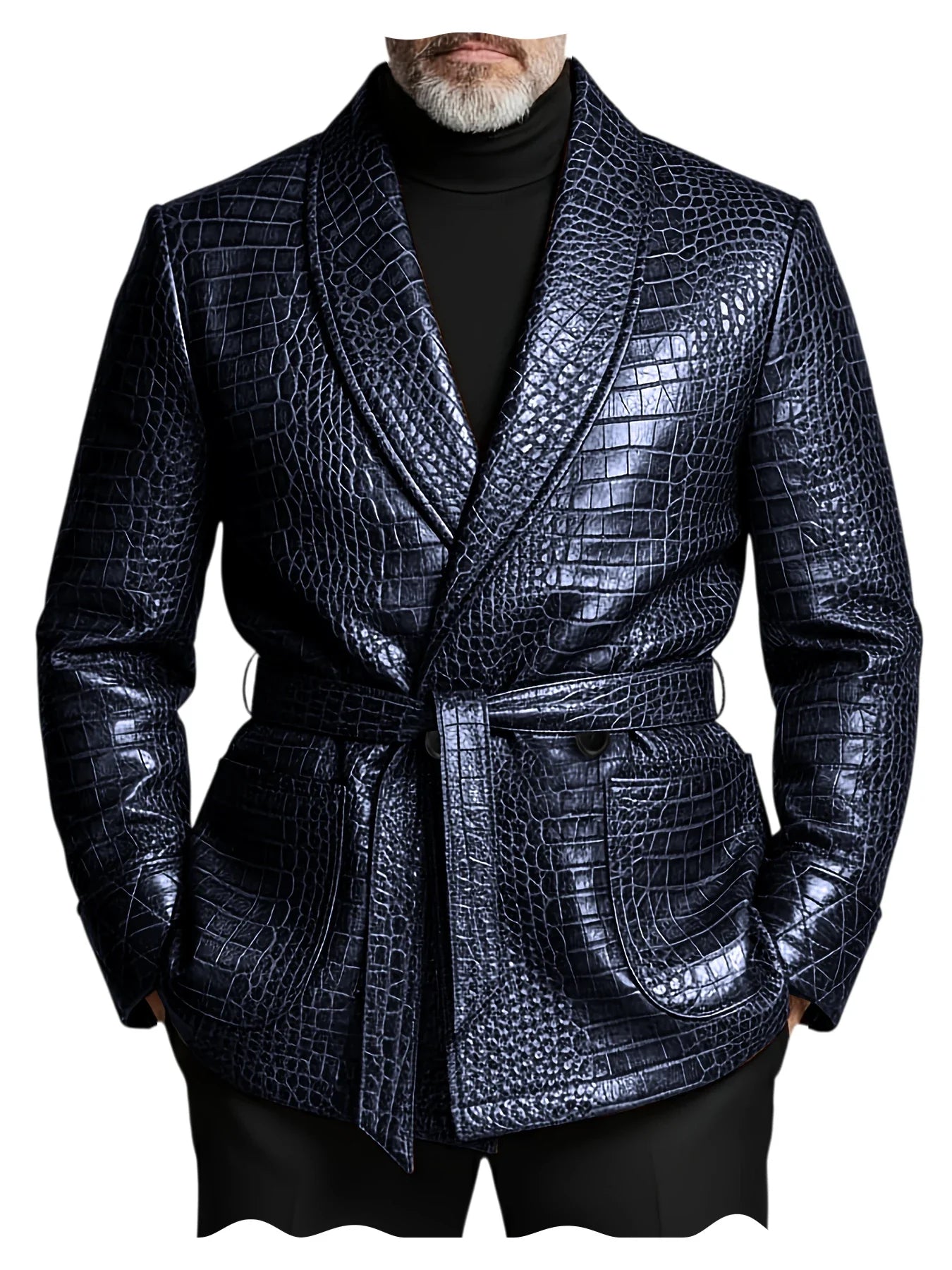  Men's Crocodile Pattern Leather Blazer Double Breasted Belted Shawl Collar Jacket Business Formal Party Wedding Casual Wear
