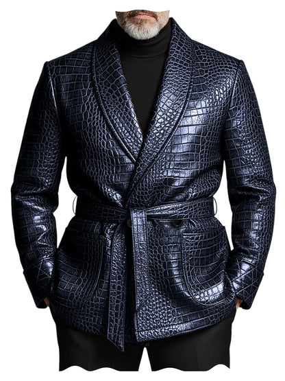  Men's Crocodile Pattern Leather Blazer Double Breasted Belted Shawl Collar Jacket Business Formal Party Wedding Casual Wear
