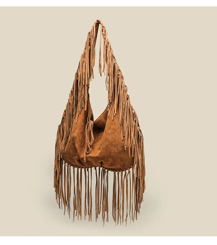 Vintage Suede Hobos Women Shoulder Bags Bohemian Tassel Handbags Large Capacity Tote Bag Autumn and Winter Big Shopper Purses