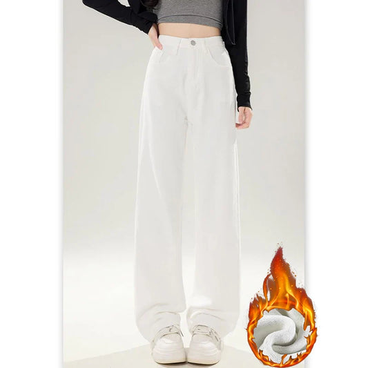Winter Girls Thermal Fleece High Waist Jeans Lady Snow Warm Plush Denim Pants Women Classic Fashion Straight Leg Trousers