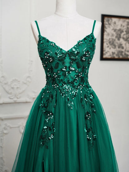 Sling Evening Dresses Sexy Spaghetti Straps V-Neck Illusion Sequins Appliques Prom Dress A-Line Train High Split Gowns