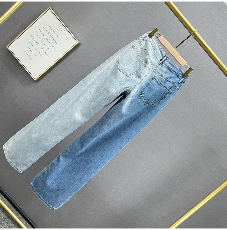 High Waist Wide Leg Jeans Women's Summer Loose Slimming Diamond Embedded Long Pants Break Hole Denim Pants Hong Kong Sle ...