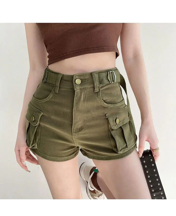 Women Military Green Denim Cargo Shorts Summer High Waisted Loose Wide Leg Y2K Hot Girl Casual Short Pants with Pockets