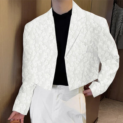 Men Blazer Flower Jacquard Lapel Long Sleeve Crop Coats Men Streetwear Autumn 2025 One Button Fashion Casual Male Suit
