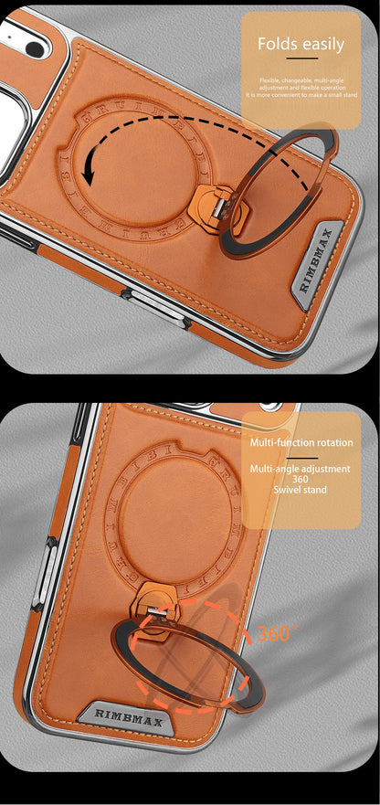Magnetic Rotat Bracket Luxury Leather Phone Case,For iPhone 11 12 13 14 15 16 17 Pro Max Plus Wireless Charging Shockproof Cover