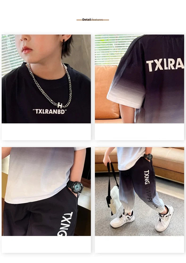 Summer Boys Gradient Contrast Alphabet t-Shirt Tops+Pant Workout Sets School Kids 2PCS Tracksuit Children Jogger Outfits 5-16 Yr