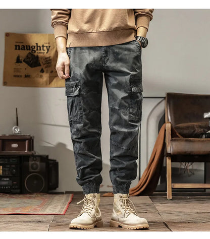 Length Men's Cargo Pant Cotton Stretch Casual Camouflage Trouser Male Camo Cuff Jogger Multi Zip Pocket Outfit Zipper Tied
