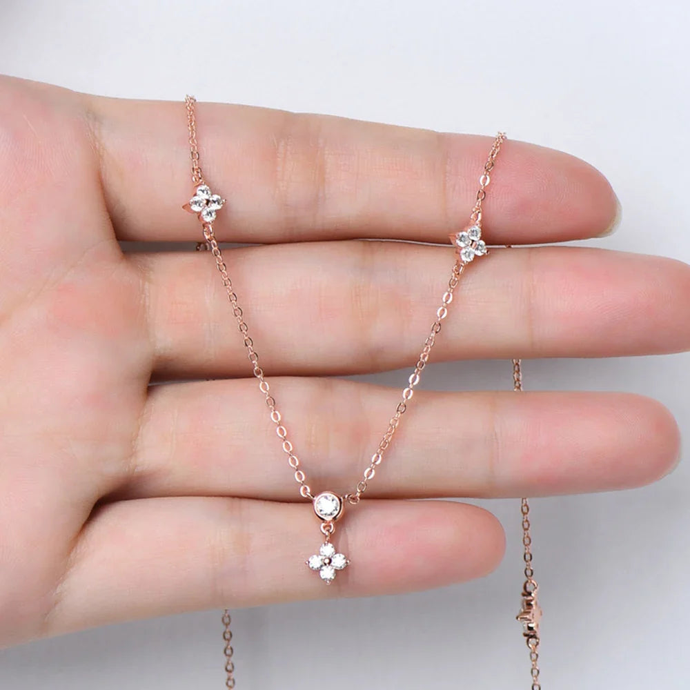 Rose Gold Four Leaf Clover Moissanite Necklace 925 Silver Plated 18k Yellow/White Gold Diamond Choker Chain for Women Jewelry