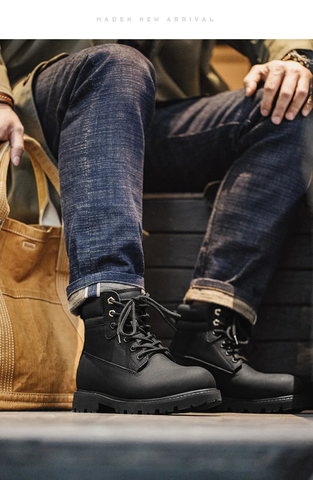 Men's Versatile Black Boots Plush Lining Warmth Shoes Retro Non-Slip Thick Sole Work Boots Outdoor Casual Mid-Calf Boots