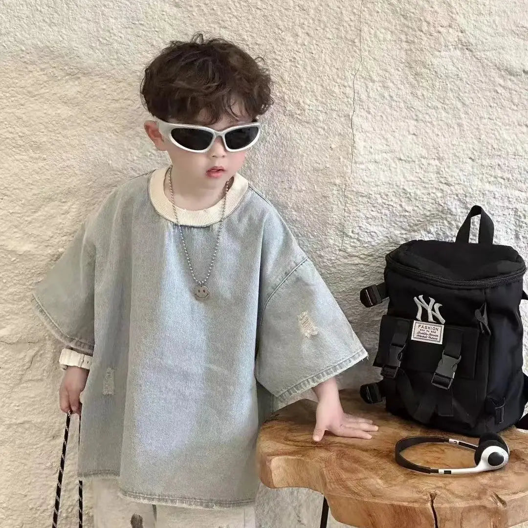 Spring Summer Children's Korean Denim Hole Short Sleeved Top and Beige Knitted Loose Casual Sports Pants Two-piece Set Outfits