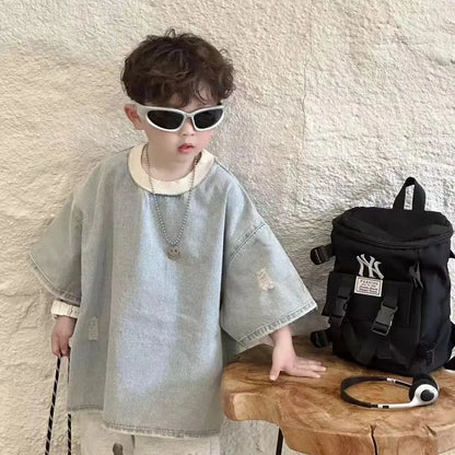 Spring Summer Children's Korean Denim Hole Short Sleeved Top and Beige Knitted Loose Casual Sports Pants Two-piece Set Outfits