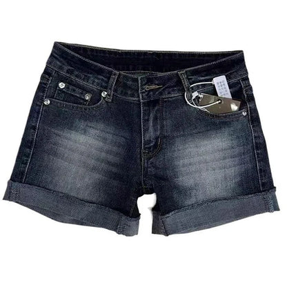 Retro Roll Up Hem Deep Blue Denim Shorts Women Summer Sexy Low Rise Hip Covering Hot Pants American Distressed Washed Jean Short