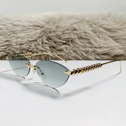 2026 Cat Eye Rivet Rimless Sunglasses Women Luxury Fashion Brand Oval Narrow Sun Glasses Shades Trendy Elegant Unique Eyewear