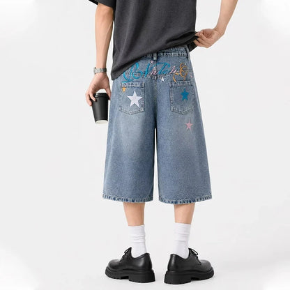 New Letter Star Embroidered Baggy Short Jeans For Men High Street Fashion Straight Y2K Jorts American Retro Blue Denim Shorts