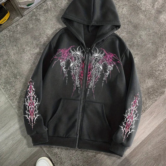 Men's Gothic Dark Print Zipper Hooded Casual Sports Sweatshirt Zipper Jacket Autumn and Winter New Casual Retro Street Style Top