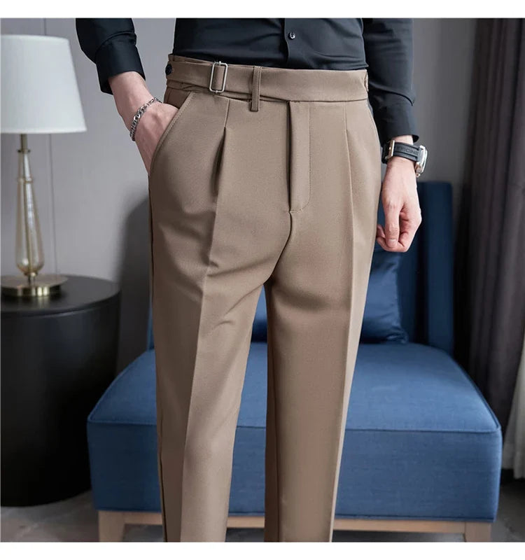 2026 Texture Naples Men's Solid Color Casual Pants Fashion Belt Design Slim Fit Suit Pants Formal Wear Wedding Social Trousers