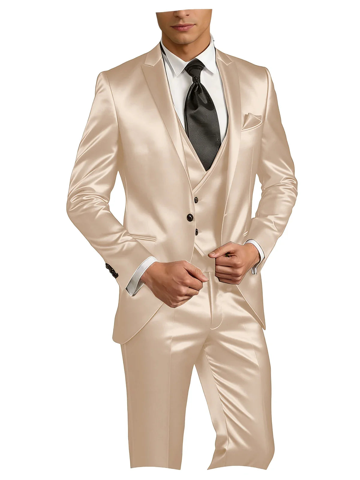 Luxury Men's Satin Suit 3 Piece Set Notch Lapel Slim Fit 1 Button Blazer Vest Pants for Formal Groom Groomsmen Prom Party