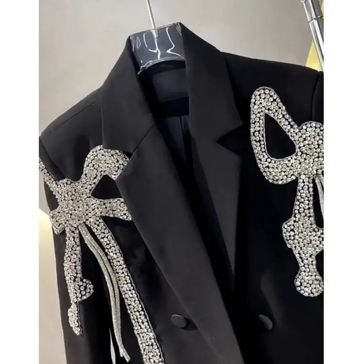 Women Bow Diamonds Beaded Black Blazer Coat Turn Down Collar Drilling Suits Jacket OL Crsytal Cardigan Crop Tops Chaqueta