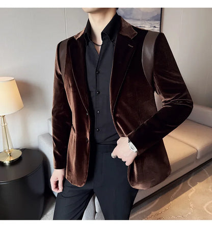 Leather Splicing Mercerized Velvet Suit Jacket 2025 Autumn New Men's High-end Business Slim Fit Fashion Party Tailcoat 4XL-M