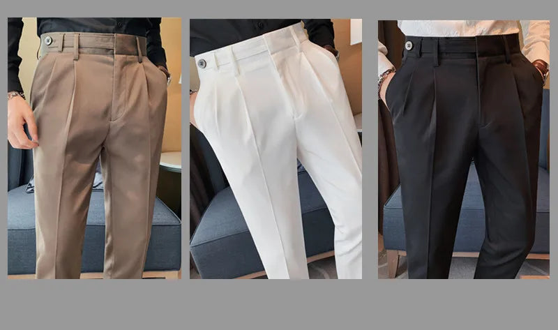 Autumn Winter High Quality Solid Casual Pants Men Belt Design Slim Fit Trousers Formal Office Business Social Party Suit Pants