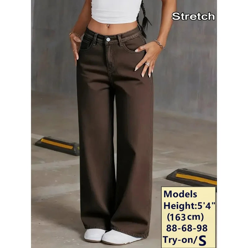 2026 New Brown Stretch Wide Leg Jeans Women High Waist Loose Straight Denim Pants Streetwear Casual Vintage Trousers
