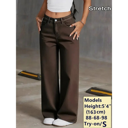 2026 New Brown Stretch Wide Leg Jeans Women High Waist Loose Straight Denim Pants Streetwear Casual Vintage Trousers
