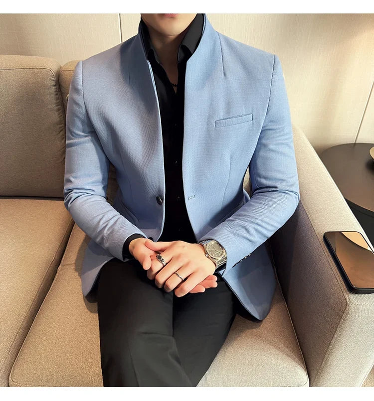 New Waffle Chinese Stand-Up Collar Blazers Men Slim Fit Business Casual Fashion Suits Jacket Formal Social Prom Party Tuxedos