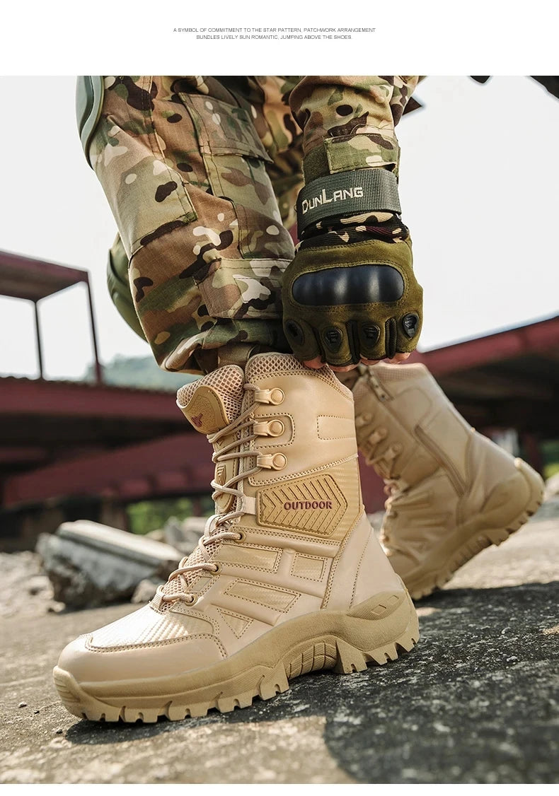 High Quality Men's Brand High-Top Leather Boots Breathable Desert Combat Men's Boots Outdoor Shoes Non-slip Hiking Ankle Boots