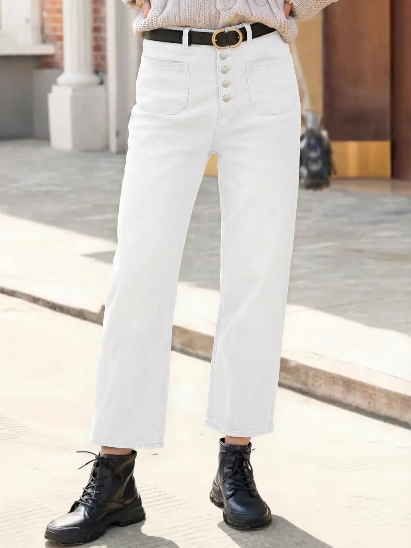 Women's Casual Loose Stretch Denim Pants Front Button Comfortable Washed Nine-Inch Long Trousers