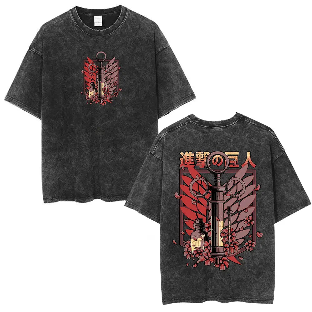 Anime Attack on Titan Washed T-Shirt Ackerman Mikasa Eren Jaeger Cherry Blossom Graphics Logo T Shirt Men Women Cotton T Shirts