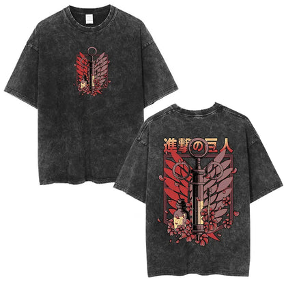 Anime Attack on Titan Washed T-Shirt Ackerman Mikasa Eren Jaeger Cherry Blossom Graphics Logo T Shirt Men Women Cotton T Shirts