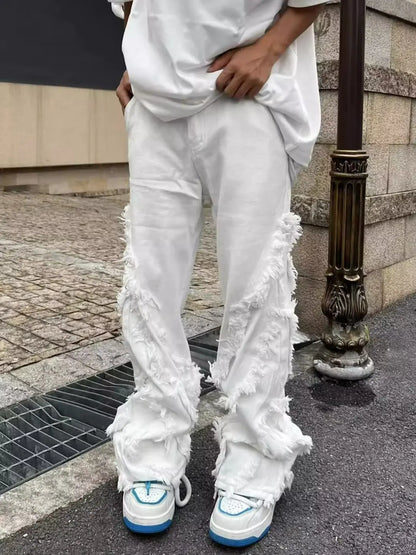 American Style Erosion Damage Raw Edge Street Jeans Men's Harajuku Style Hip-hop Dance Straight White Jeans Women's Y2k Clothing