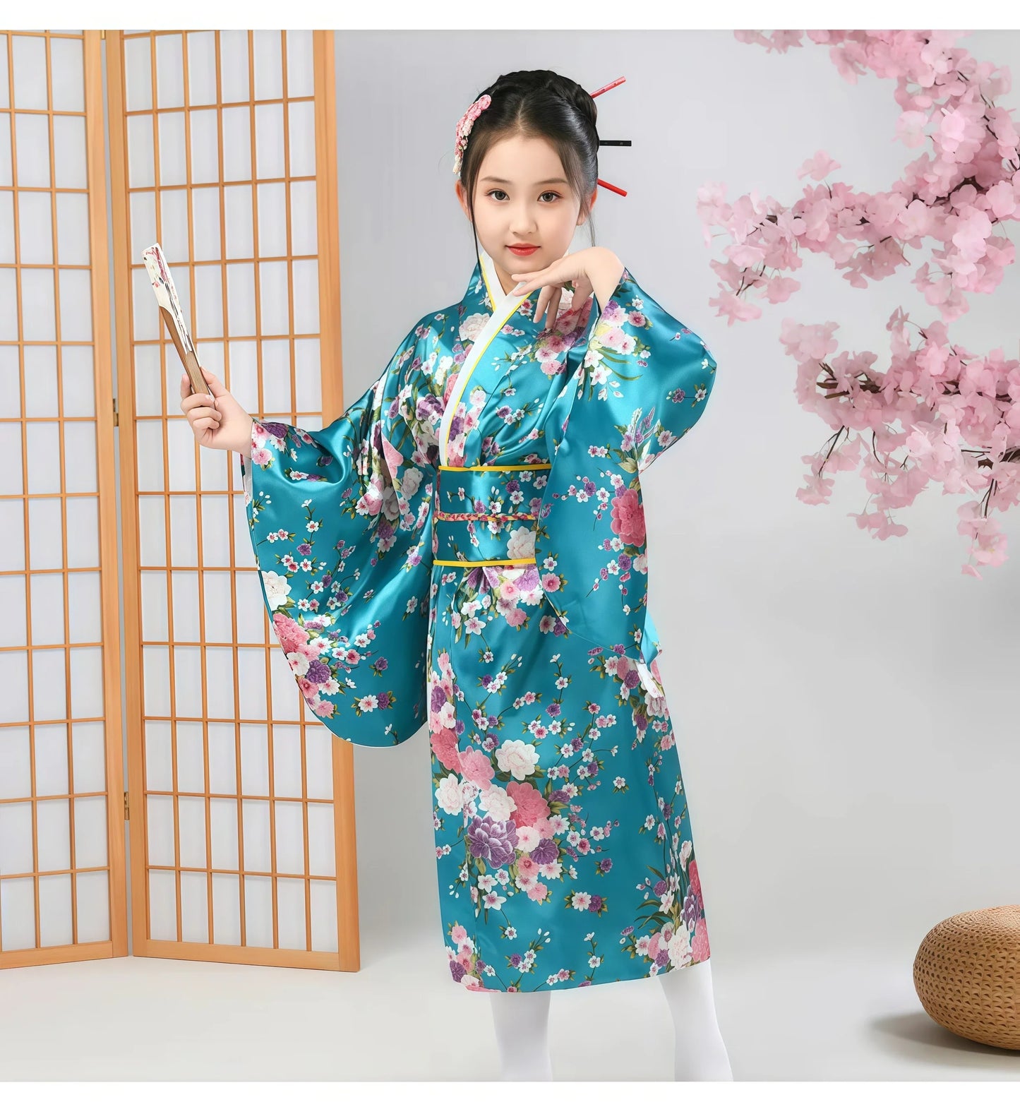 Kids Japanese Kimono Bathrobe Gown Japan Style Flower Yukata Dress Vintage Haori For Girl Halloween Cosplay Traditional Costume