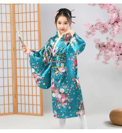 Kids Japanese Kimono Bathrobe Gown Japan Style Flower Yukata Dress Vintage Haori For Girl Halloween Cosplay Traditional Costume