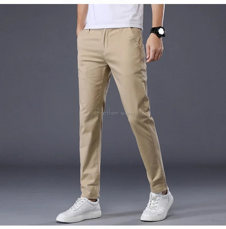 Summer Thin Men's Casual Pants Cotton 7 Colors Classic Style Elastic Straight Slim Fit Business Fashion Long Trousers Male