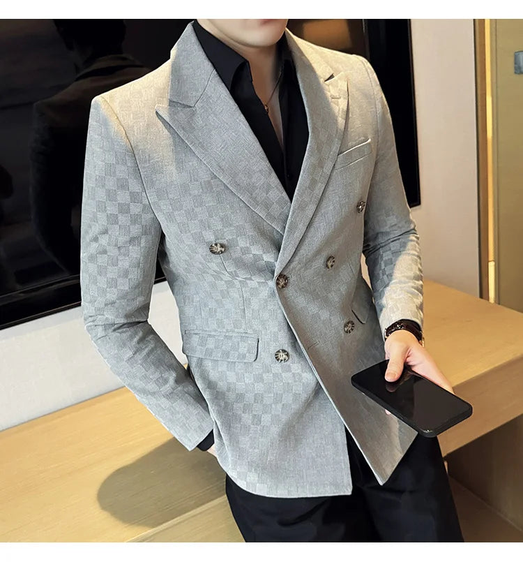 6 Color Luxury Double Breasted Blazers Coats 2024 New Fashion Checkered Business Slim Fit Social   Formal Suit Jacket 5XL-M