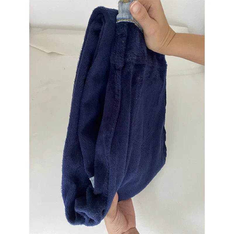 Black 2024 Winter Straight Fleece Jeans Women Casual Vintage Warm Thick Loose High Waist Elastic Velvet Denim Pants