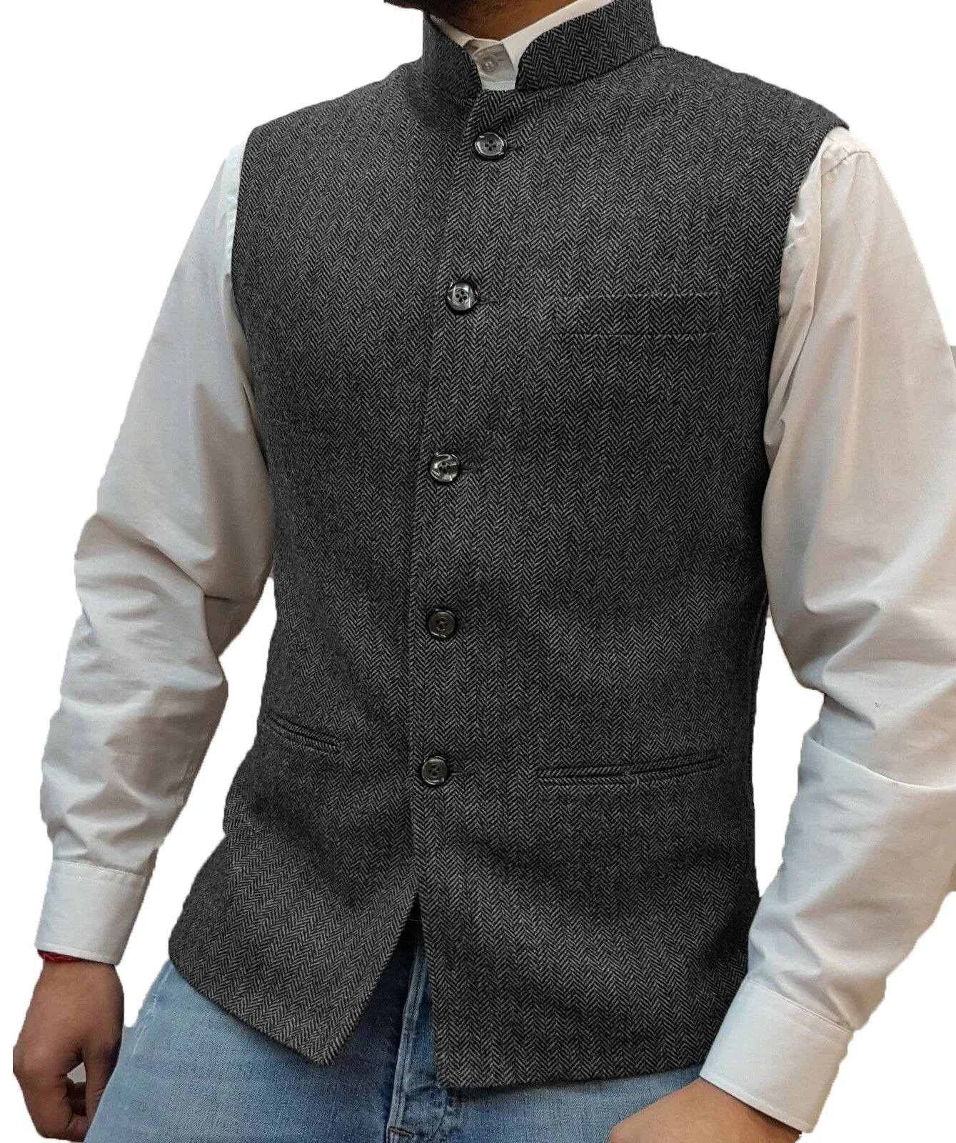Mens Retro Vest Herringbone Wool Blended Smart Casual Stand Collar Single Breasted Waistcoat Adjustable Buckle Men's Suit Vest