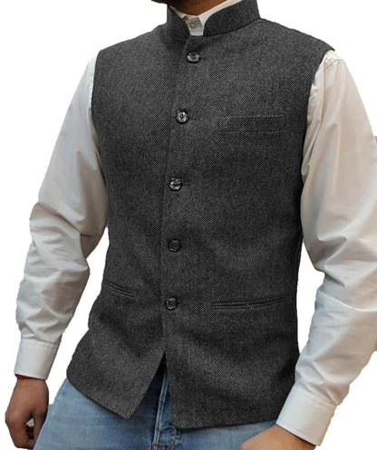 Mens Retro Vest Herringbone Wool Blended Smart Casual Stand Collar Single Breasted Waistcoat Adjustable Buckle Men's Suit Vest