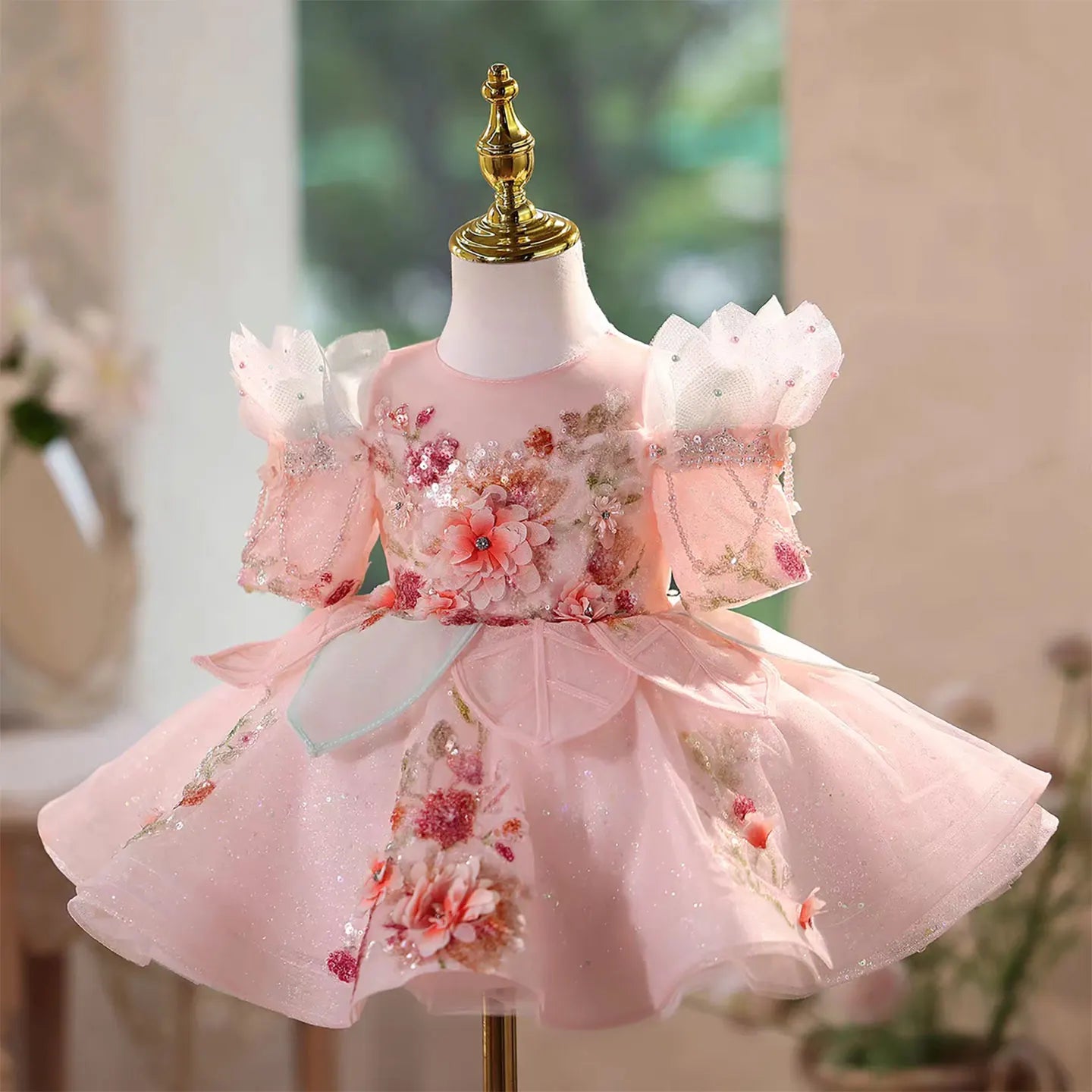 J566 Lovely Pink Flower Girl Dresses with Appliques Knee Length Lace Kids Wedding Birthday Party Pageant Ball Gown