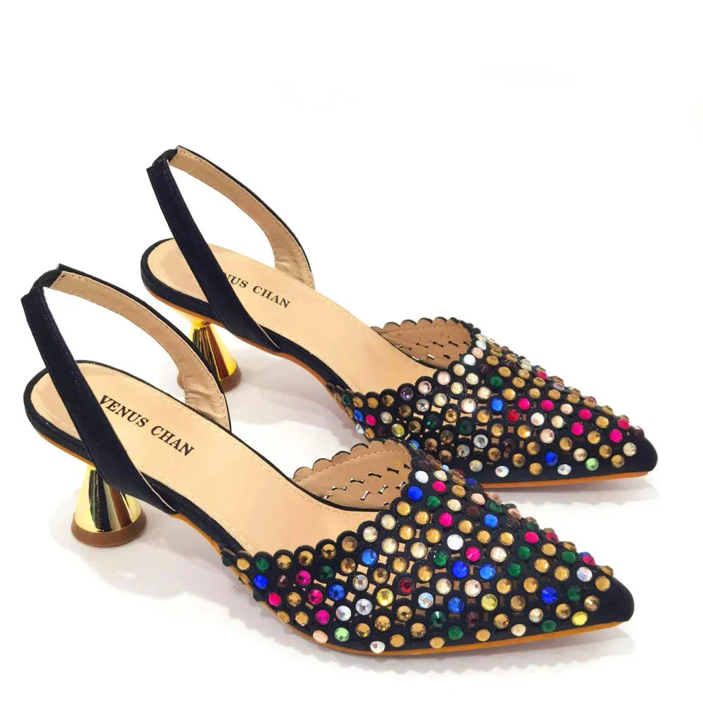Shoes for Women High Heels 2023 Pointed Luxury Designer Colorful Stones Evening Party Matching Shoes and Bags Sets