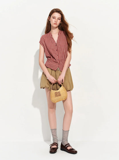 2026 Summer Women's Linen V-Neck Cap Sleeve Blouse with Plaid Print and Waist-Defining Fit - Casual Style for Daily Wear