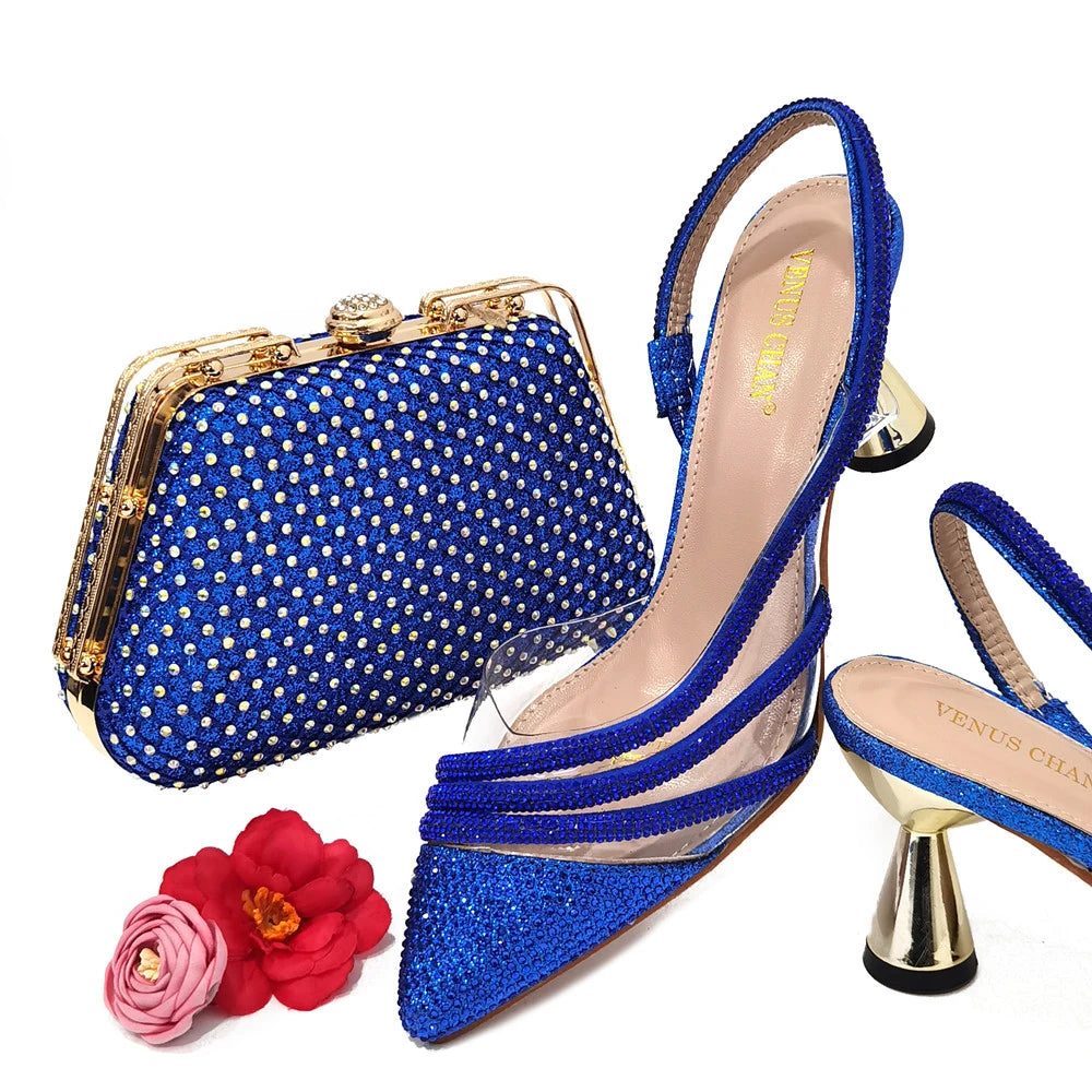 Italian Pointed Toe Wedding Shoes Gold Color Summer Sandal for Women 2023 High Heels Rhinestone Shoe and Bag Set