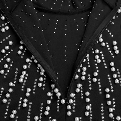 Temperament Elegant Party Diamond Pearl Long Bodycon Dress Women O Neck Long Sleeve Glitter Club Evening Black Sheath Maxi Dress