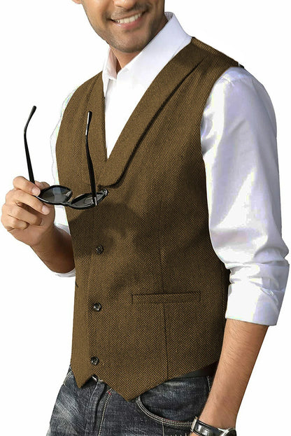 Men's Casual Suit Vest Shawl Lapel Wool Tweed Herringbone Dress Waistcoat for Wedding Party Dinner Herringbone Vests