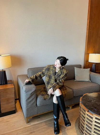 Women's Mid-Length Plaid Wool Coat 2025 Autumn Winter Arrival, Korean Style Warm Blazer, Trendy Yellow Brown Checkered Jacket