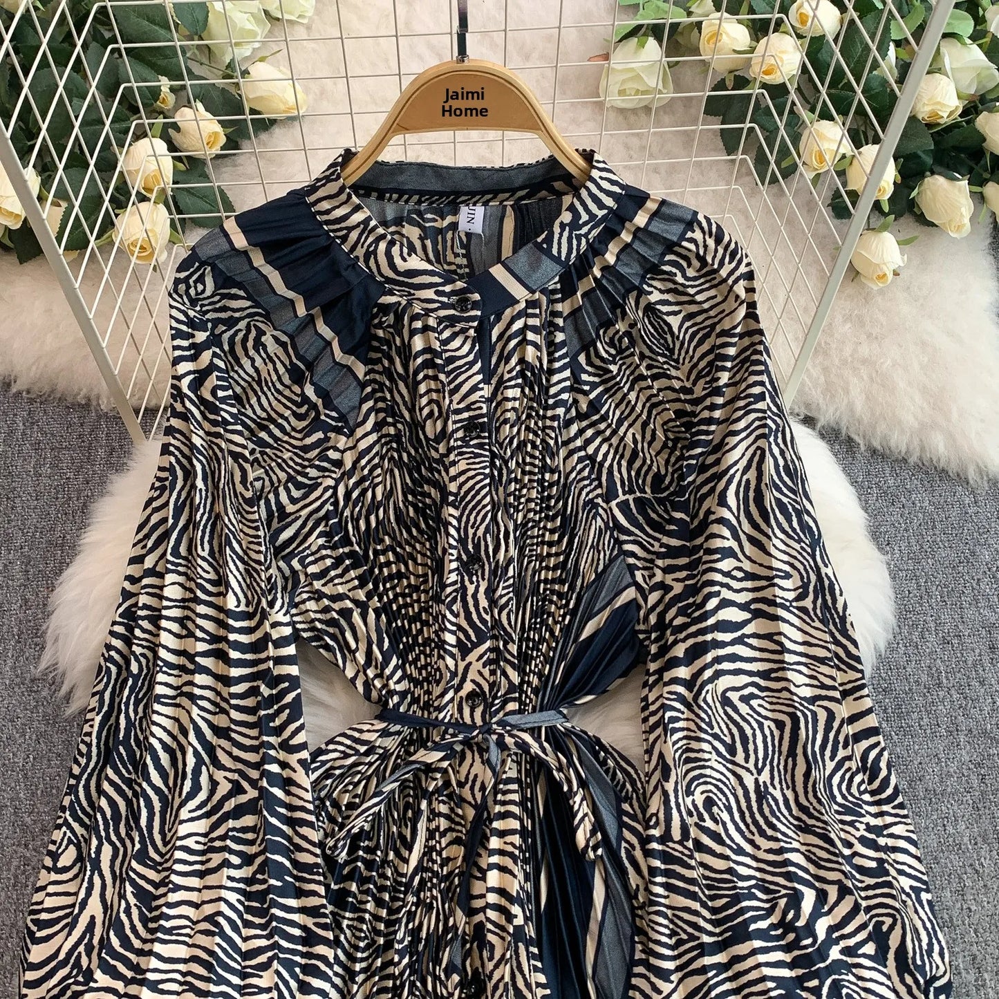 Ele Printed round Ne Lantern Sve Dr Women's Single Button Waist Cinch Maxi Skirt Long Dr Commute Sle Autumn